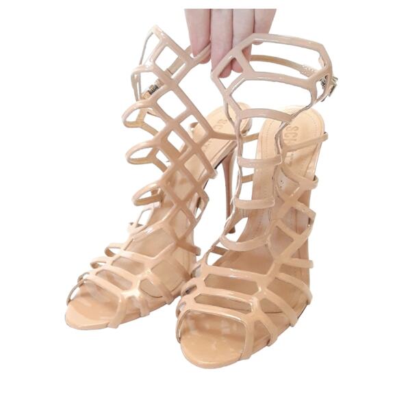 Shutz Juliana Caged Heels Nude Patent Leather Peep Toe Strap Heels 8 Wedding - Picture 2 of 14